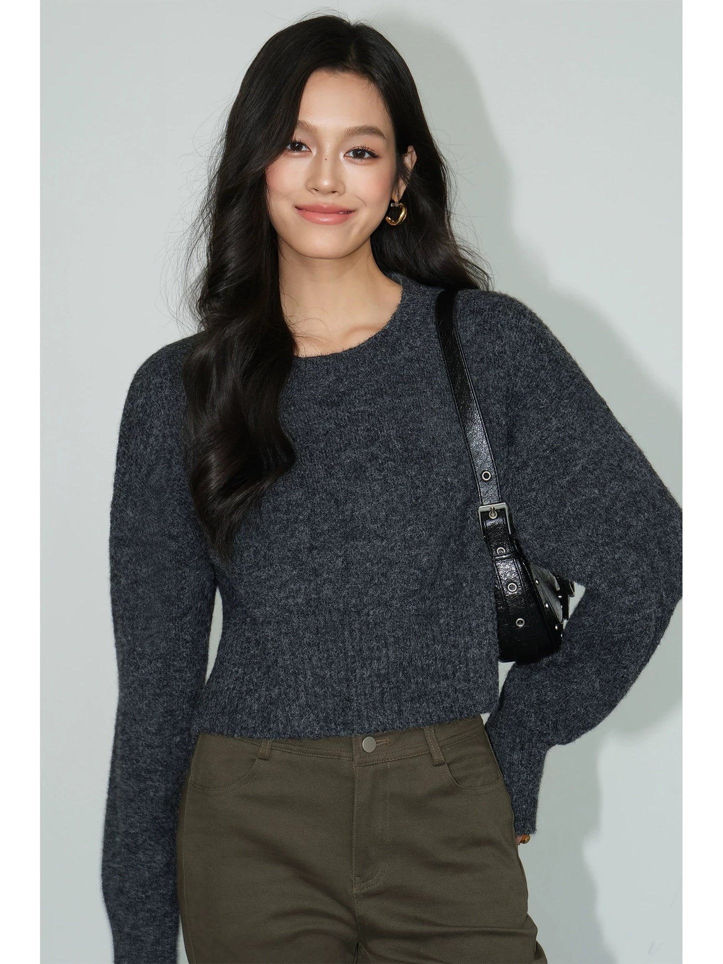 NEVA HU gray short sweater women's loose outer wear 2024 autumn and winter new versatile pullover knitted top