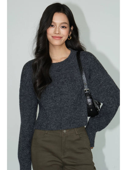 NEVA HU gray short sweater women's loose outer wear 2024 autumn and winter new versatile pullover knitted top