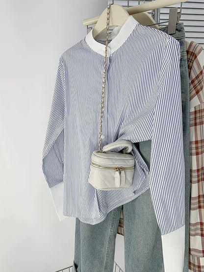 French stand-up collar blue striped shirt for women, contrasting color, high-end commuting chiffon long-sleeved top, spring and autumn chic shirt