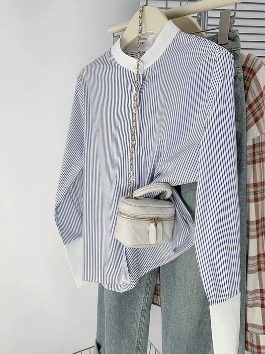 French stand-up collar blue striped shirt for women, contrasting color, high-end commuting chiffon long-sleeved top, spring and autumn chic shirt