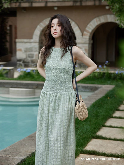 Ximeng 2025 new summer Korean slim temperament skirt small unique sleeveless green plaid dress female