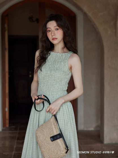 Ximeng 2025 new summer Korean slim temperament skirt small unique sleeveless green plaid dress female