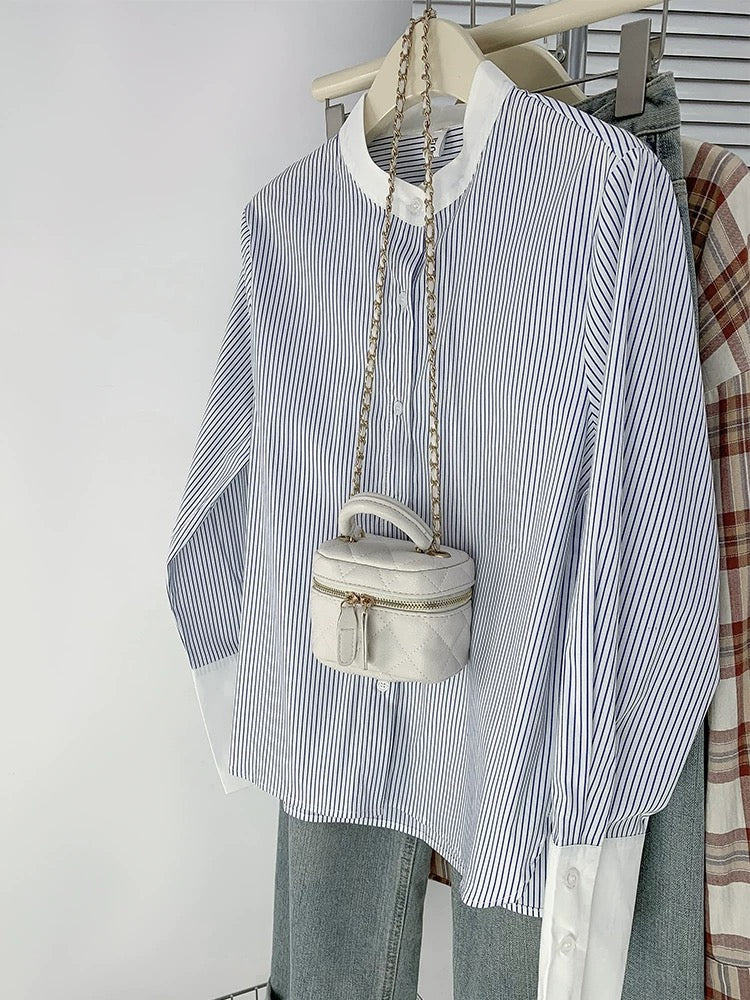 French stand-up collar blue striped shirt for women, contrasting color, high-end commuting chiffon long-sleeved top, spring and autumn chic shirt