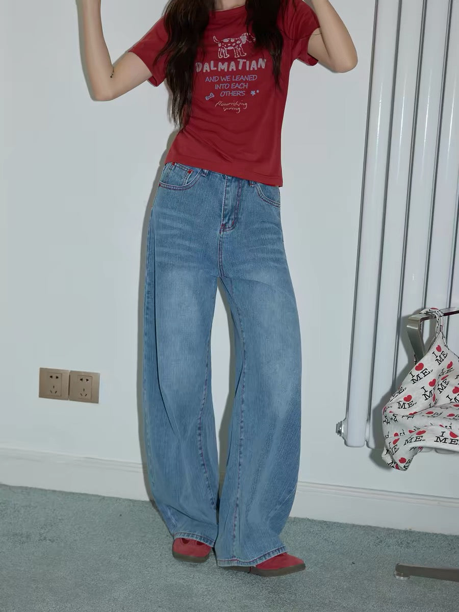 Chaochao's new arrivals on May 21st: Blue embroidered wide-leg jeans for women, perfect for summer 2026, featuring a loose, floor-length, straight leg design.
