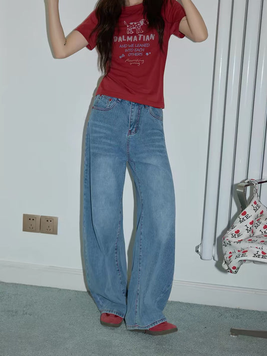 Chaochao's new arrivals on May 21st: Blue embroidered wide-leg jeans for women, perfect for summer 2026, featuring a loose, floor-length, straight leg design.