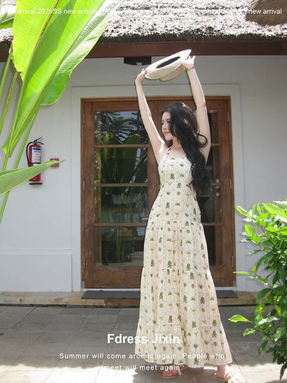 Send a letter to "Island Vacation" - New linen-textured green checkered floral print halter neck sundress, fresh and cute.
