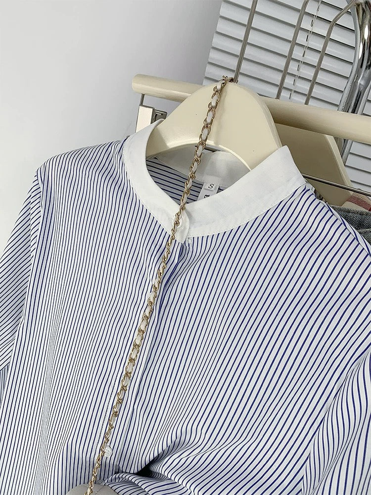 French stand-up collar blue striped shirt for women, contrasting color, high-end commuting chiffon long-sleeved top, spring and autumn chic shirt