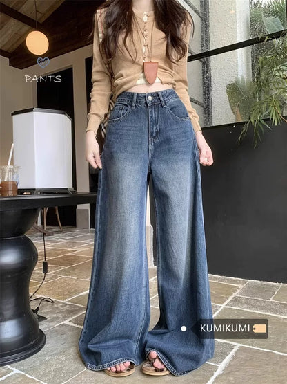 Kumikumi retro straight jeans women's washed pants spring loose high waist wide leg pants mopping pants trousers