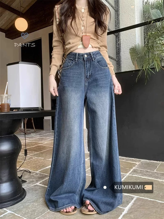 Kumikumi retro straight jeans women's washed pants spring loose high waist wide leg pants mopping pants trousers