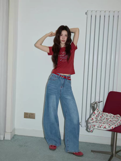 Chaochao's new arrivals on May 21st: Blue embroidered wide-leg jeans for women, perfect for summer 2026, featuring a loose, floor-length, straight leg design.