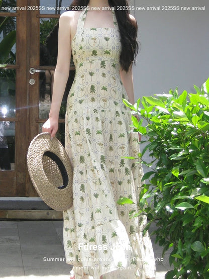 Send a letter to "Island Vacation" - New linen-textured green checkered floral print halter neck sundress, fresh and cute.