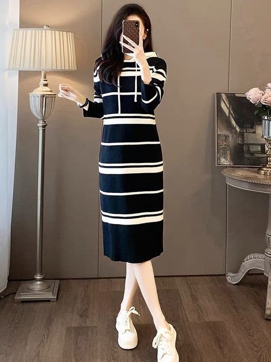 Early autumn fashionable hooded striped knitted dress for women 2023 new color matching straight casual slim sweatshirt skirt
