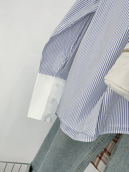 French stand-up collar blue striped shirt for women, contrasting color, high-end commuting chiffon long-sleeved top, spring and autumn chic shirt