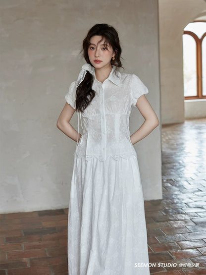 Ximeng 2025 new summer Korean design hollow small niche white short-sleeved shirt skirt suit