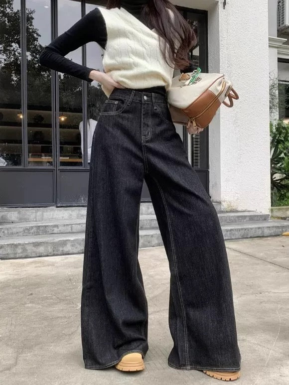 Kumikumi retro straight jeans women's washed pants spring loose high waist wide leg pants mopping pants trousers