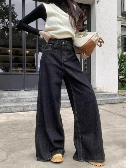 Kumikumi retro straight jeans women's washed pants spring loose high waist wide leg pants mopping pants trousers