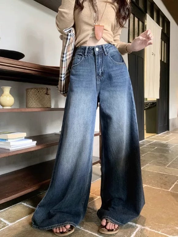 Kumikumi retro straight jeans women's washed pants spring loose high waist wide leg pants mopping pants trousers