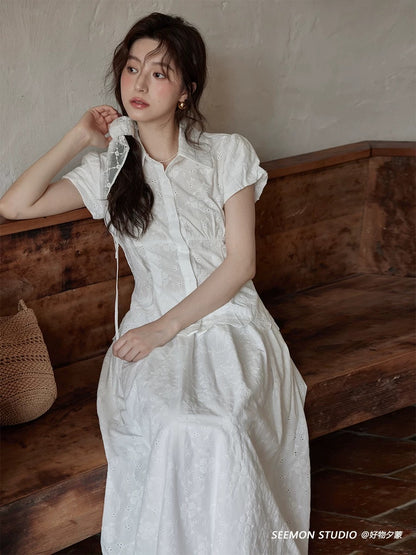 Ximeng 2025 new summer Korean design hollow small niche white short-sleeved shirt skirt suit