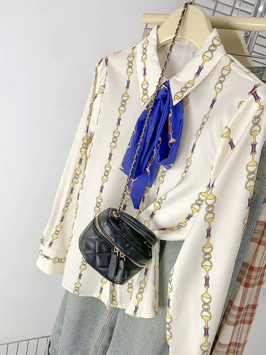 High-end drapey lace-up printed shirt women's fashionable bow chiffon long-sleeved top spring and autumn 2024 new style