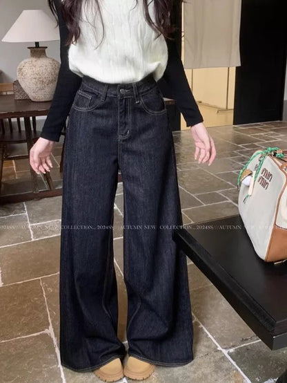 Kumikumi retro straight jeans women's washed pants spring loose high waist wide leg pants mopping pants trousers