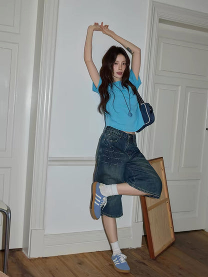 Chaochao's new arrivals on May 21st: American-style blue rhinestone cropped jeans for women, 2026 summer style, wide-leg, high-waisted, straight-leg mid-length pants.