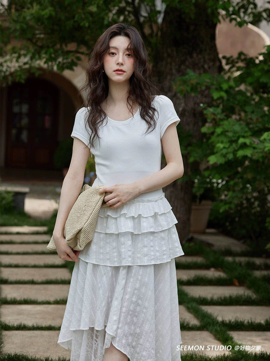 Ximeng 2025 new summer French design skirt irregular niche temperament white splicing short-sleeved dress