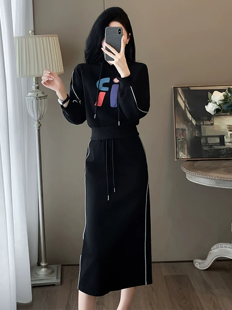 High-end fashion casual suit for women in autumn and winter new slim black hooded sweatshirt + skirt two-piece set