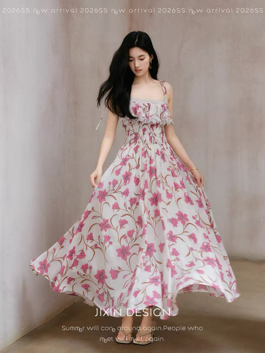 Send a letter featuring a floral print Tencel/linen blend summer vacation sundress with an elastic waist for a slimming effect.