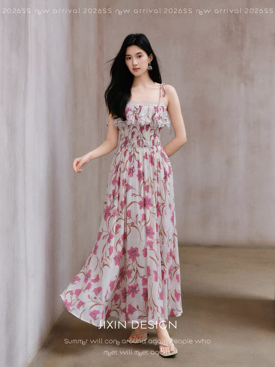 Send a letter featuring a floral print Tencel/linen blend summer vacation sundress with an elastic waist for a slimming effect.