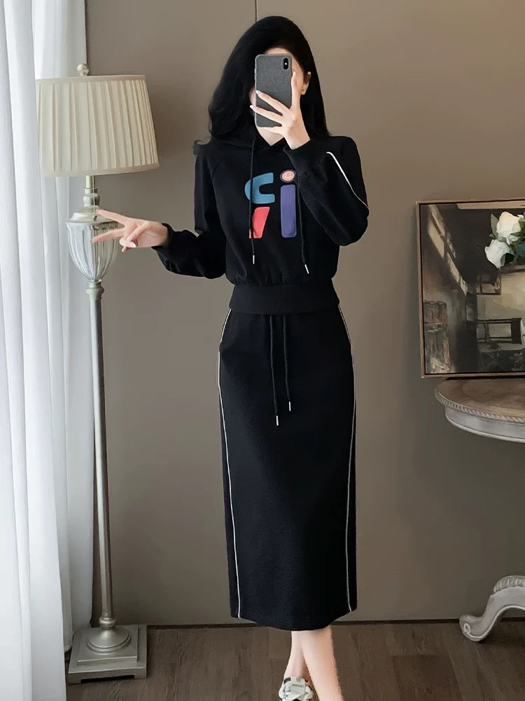 High-end fashion casual suit for women in autumn and winter new slim black hooded sweatshirt + skirt two-piece set