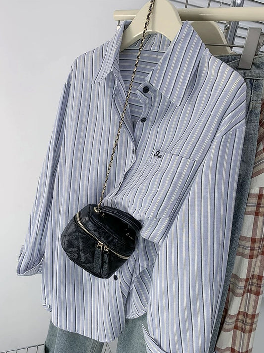 French blue striped long-sleeved shirt for women, chic casual lazy cardigan shirt, spring and autumn design niche top