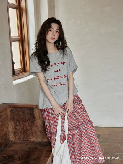 Ximeng 2025 new summer Korean loose tops lazy feeling unique beautiful niche chic gray short-sleeved T-shirt