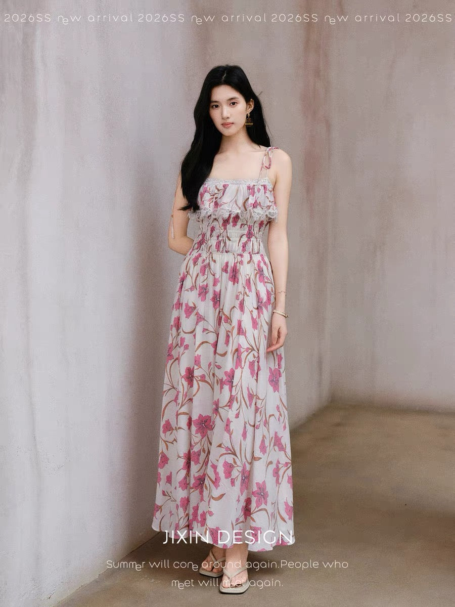 Send a letter featuring a floral print Tencel/linen blend summer vacation sundress with an elastic waist for a slimming effect.