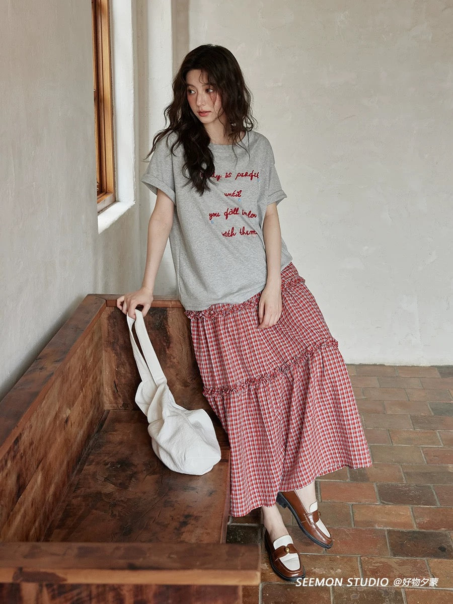 Ximeng 2025 new summer Korean loose tops lazy feeling unique beautiful niche chic gray short-sleeved T-shirt