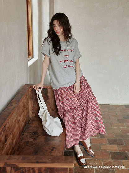 Ximeng 2025 new summer Korean loose tops lazy feeling unique beautiful niche chic gray short-sleeved T-shirt