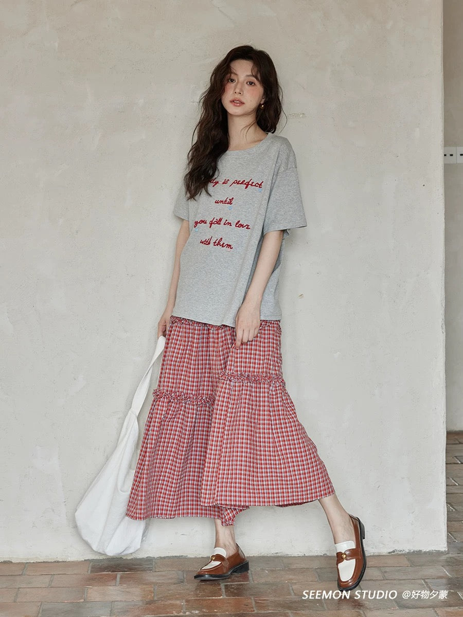 Ximeng 2025 new summer Korean loose tops lazy feeling unique beautiful niche chic gray short-sleeved T-shirt