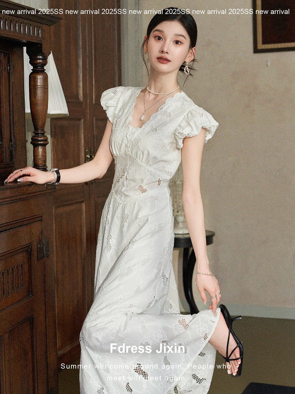 Whispers" 100% Cotton Hollow-Out Embroidery Summer Dress, Slimming Waist, Cloud Sleeves, V-Neck, A-line White Long Dress