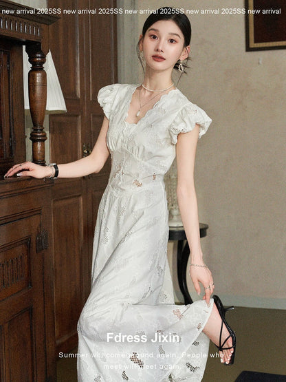 Whispers" 100% Cotton Hollow-Out Embroidery Summer Dress, Slimming Waist, Cloud Sleeves, V-Neck, A-line White Long Dress