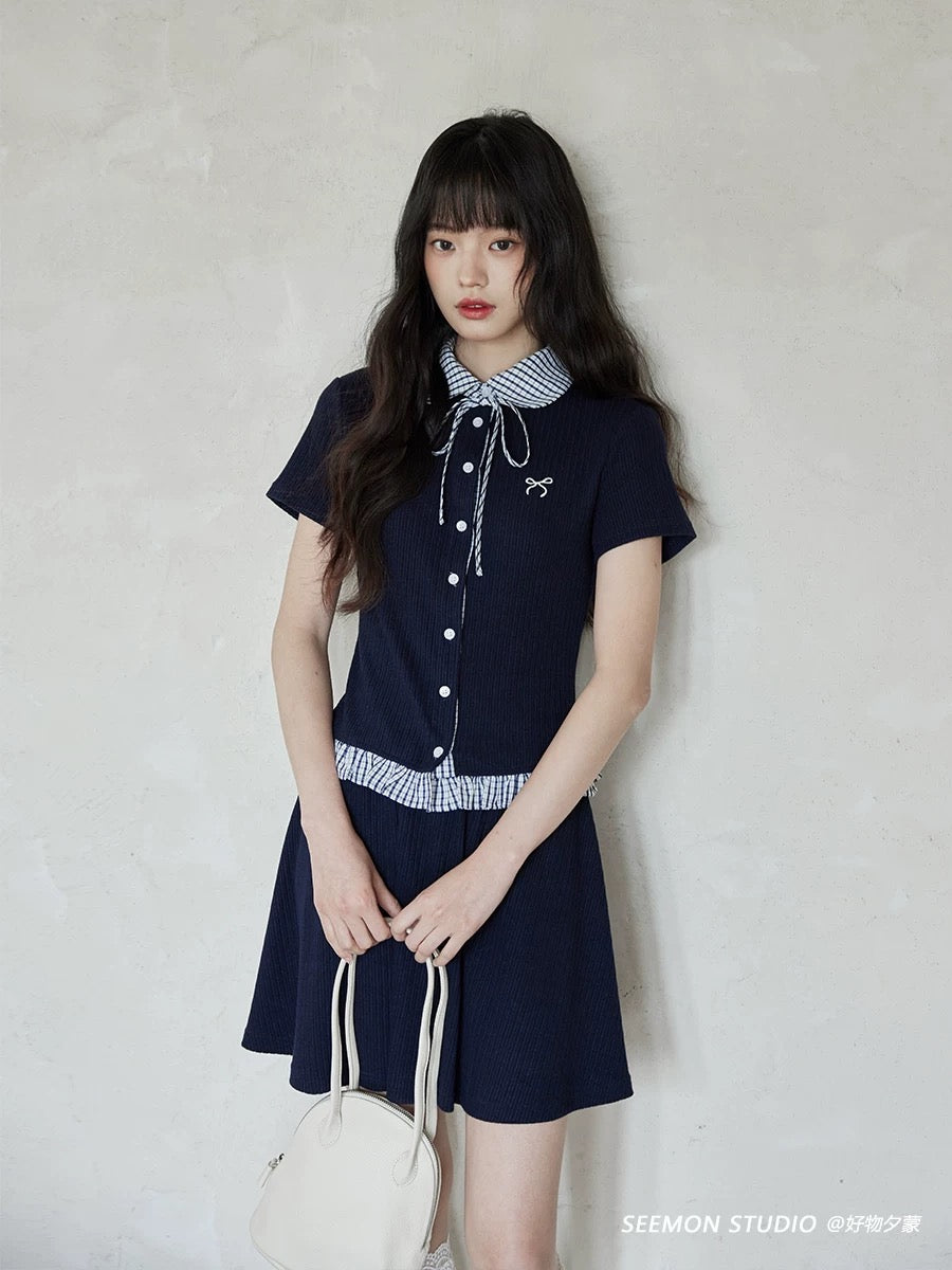 Ximeng 2025 new summer Korean style fashion style advanced design niche temperament navy blue t-shirt short skirt suit
