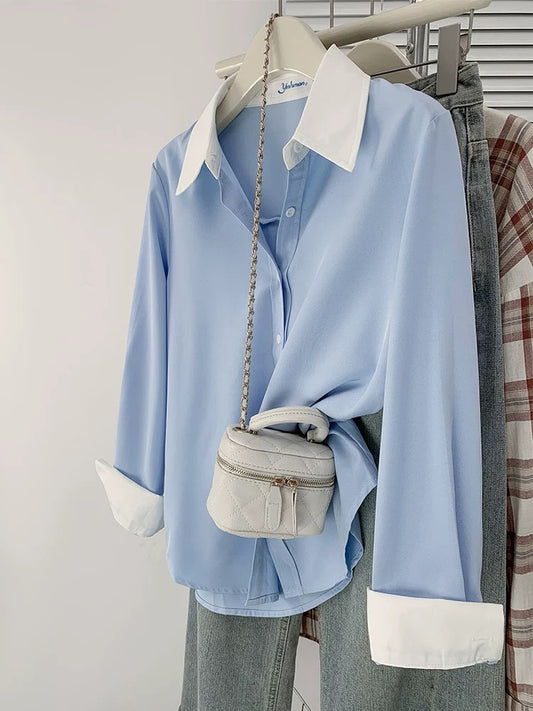 High-end drape contrasting blue shirt, feminine professional commuting chiffon long-sleeved top, spring and autumn design, niche