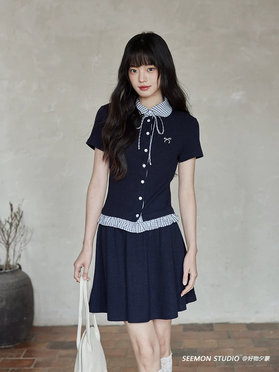 Ximeng 2025 new summer Korean style fashion style advanced design niche temperament navy blue t-shirt short skirt suit