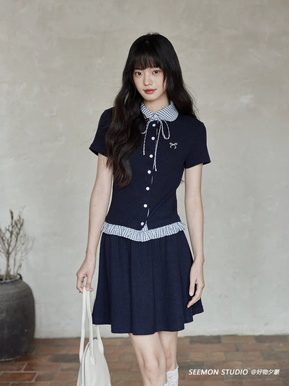 Ximeng 2025 new summer Korean style fashion style advanced design niche temperament navy blue t-shirt short skirt suit