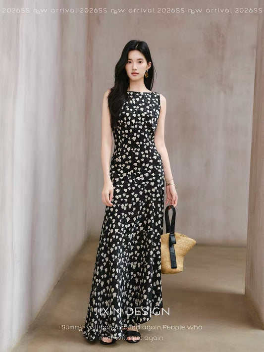 Noir Fleur | Sophisticated Black and White Floral Slim Fit Mermaid Sleeveless Long Dress for Summer