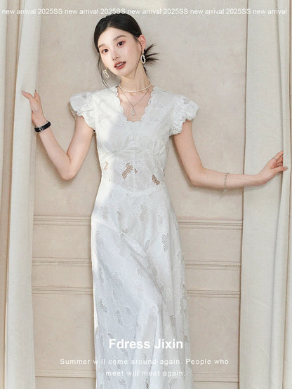Whispers" 100% Cotton Hollow-Out Embroidery Summer Dress, Slimming Waist, Cloud Sleeves, V-Neck, A-line White Long Dress