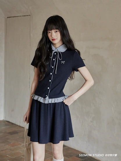 Ximeng 2025 new summer Korean style fashion style advanced design niche temperament navy blue t-shirt short skirt suit