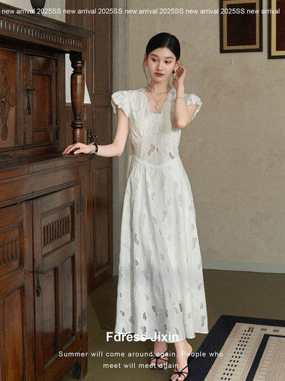 Whispers" 100% Cotton Hollow-Out Embroidery Summer Dress, Slimming Waist, Cloud Sleeves, V-Neck, A-line White Long Dress