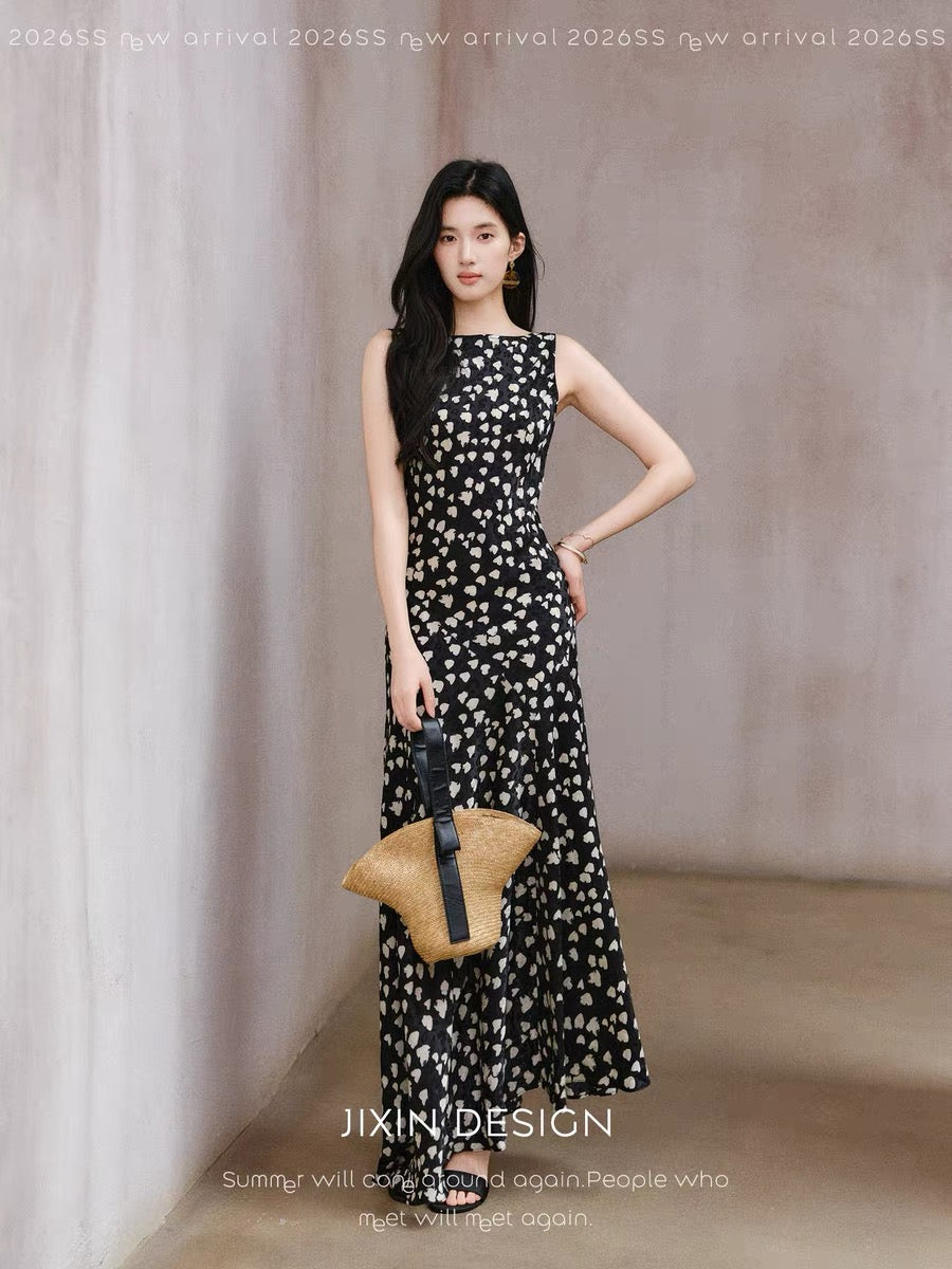 Noir Fleur | Sophisticated Black and White Floral Slim Fit Mermaid Sleeveless Long Dress for Summer