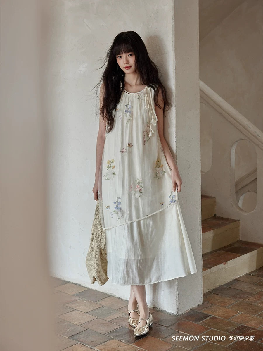 Ximeng 2025 new summer Korean style temperament skirt design niche beautiful print sleeveless apricot dress female