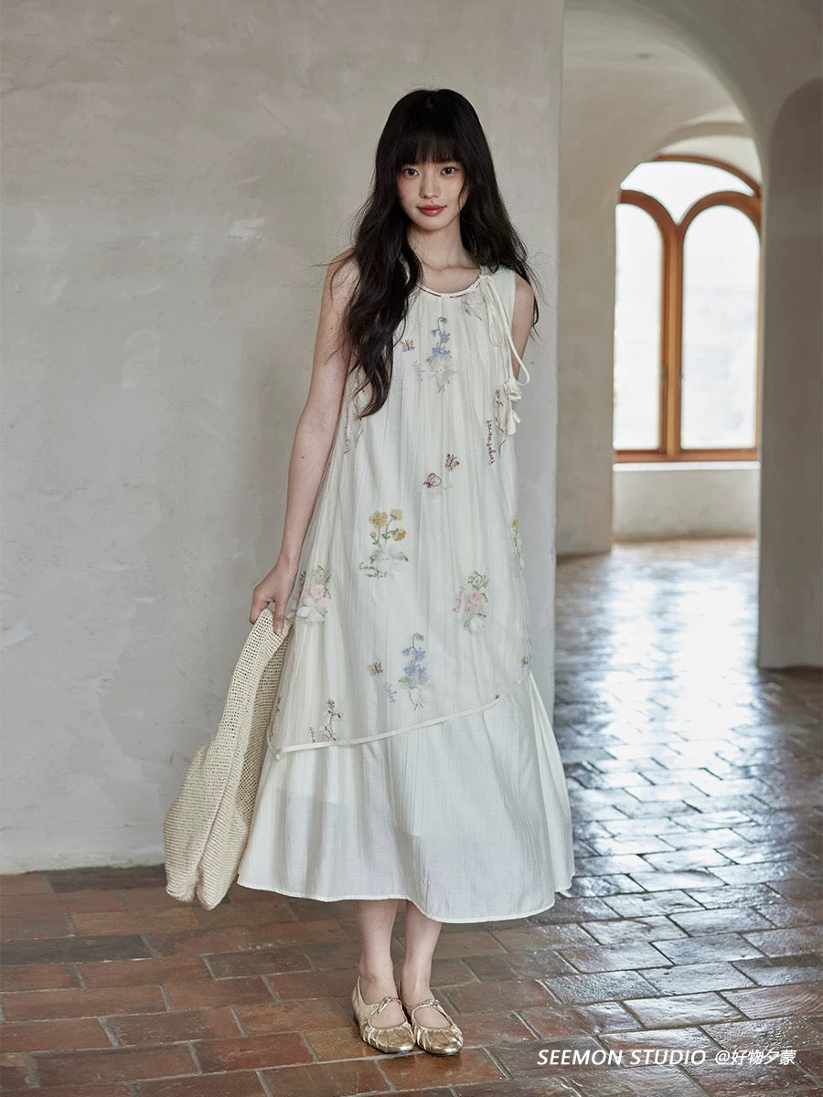 Ximeng 2025 new summer Korean style temperament skirt design niche beautiful print sleeveless apricot dress female