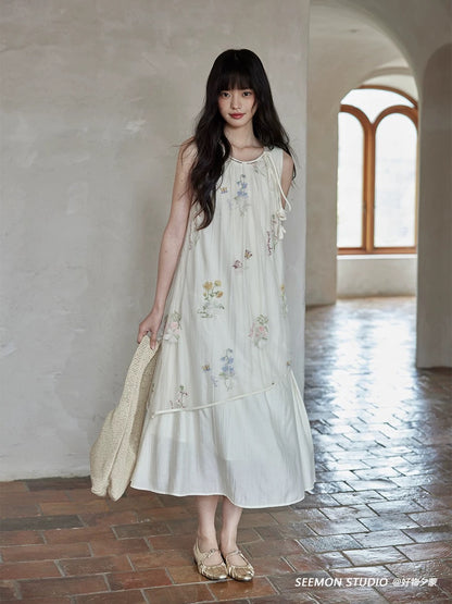 Ximeng 2025 new summer Korean style temperament skirt design niche beautiful print sleeveless apricot dress female